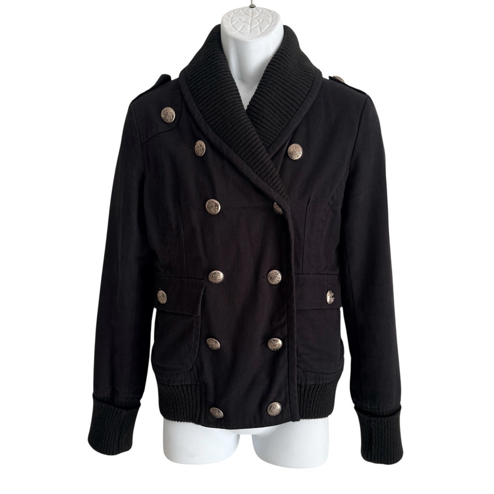 VTG Penny Lane Women Military Jacket L Double Breasted Knit Collar‎ Black Cotton
